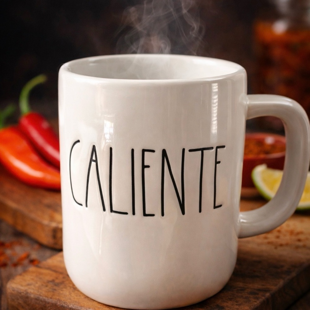 Authentic Ray Dunn artisan collection mug featuring the word, Caliente